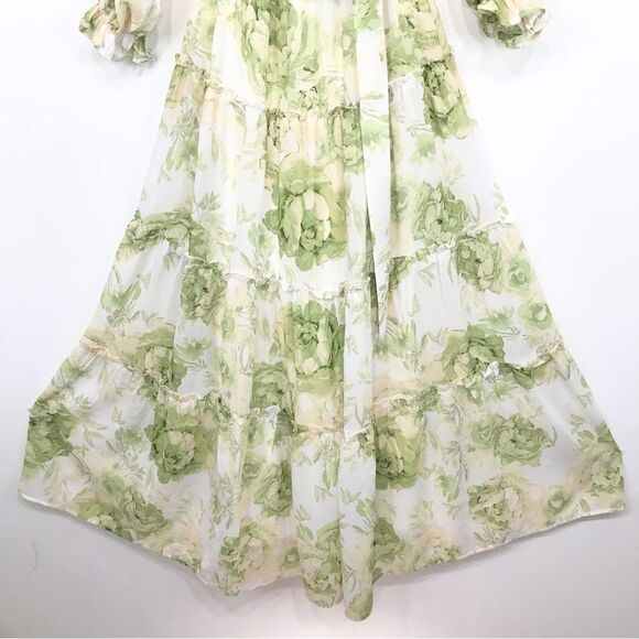 Flying Tomato Cream Green Floral Off Shoulder Flowy Tiered Belted Maxi Dress - Picture 9 of 16